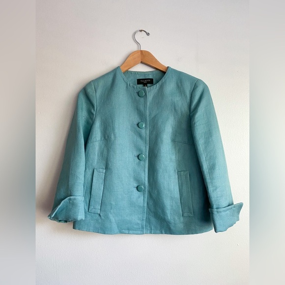 TALBOTS Teal Linen 3/4 Sleeve Blazer Collarless Career Feminine Retro 6 Petite - Picture 2 of 13